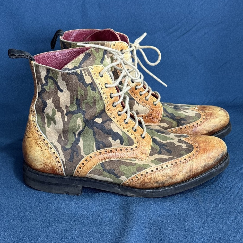 TAFT Mens Size 9 Camo Leather Wingtip Brogue Boots Handcrafted Spain Combat Boot